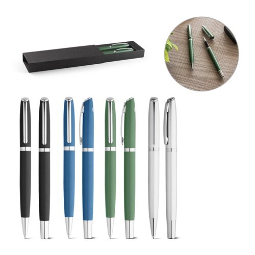 RE-LANDO-SET. Tintenroller und Kugelschreiber mit Gehäuse aus Recyceltes Aluminium (100% rAL)