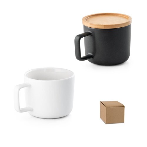 FANGIO. Tasse aus Keramik 230ml mit Deckel aus Bambus, der als Untersetzer dient