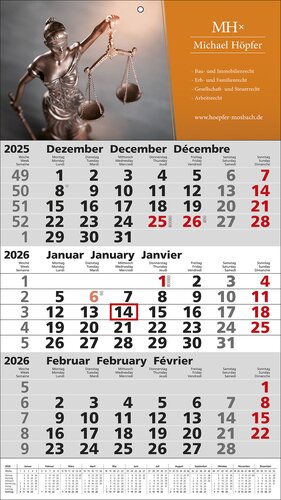 3 Monats-Wandkalender Standard 1 Plus, 3-sprachig