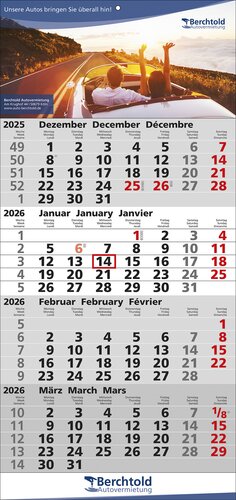 4 Monats-Wandkalender Quattro, 3-sprachig, mit verlängerter Fußleiste